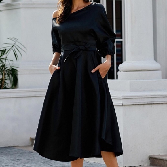 Black One-Shoulder Waist Cincher Puffy Party Dress - Picture 2 of 4